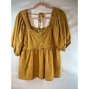 HEYSON WOMSN SZ MEDUIM MUSTARD RUCHED CROPPED 3/4 SLEEVES LINED BLOUSE